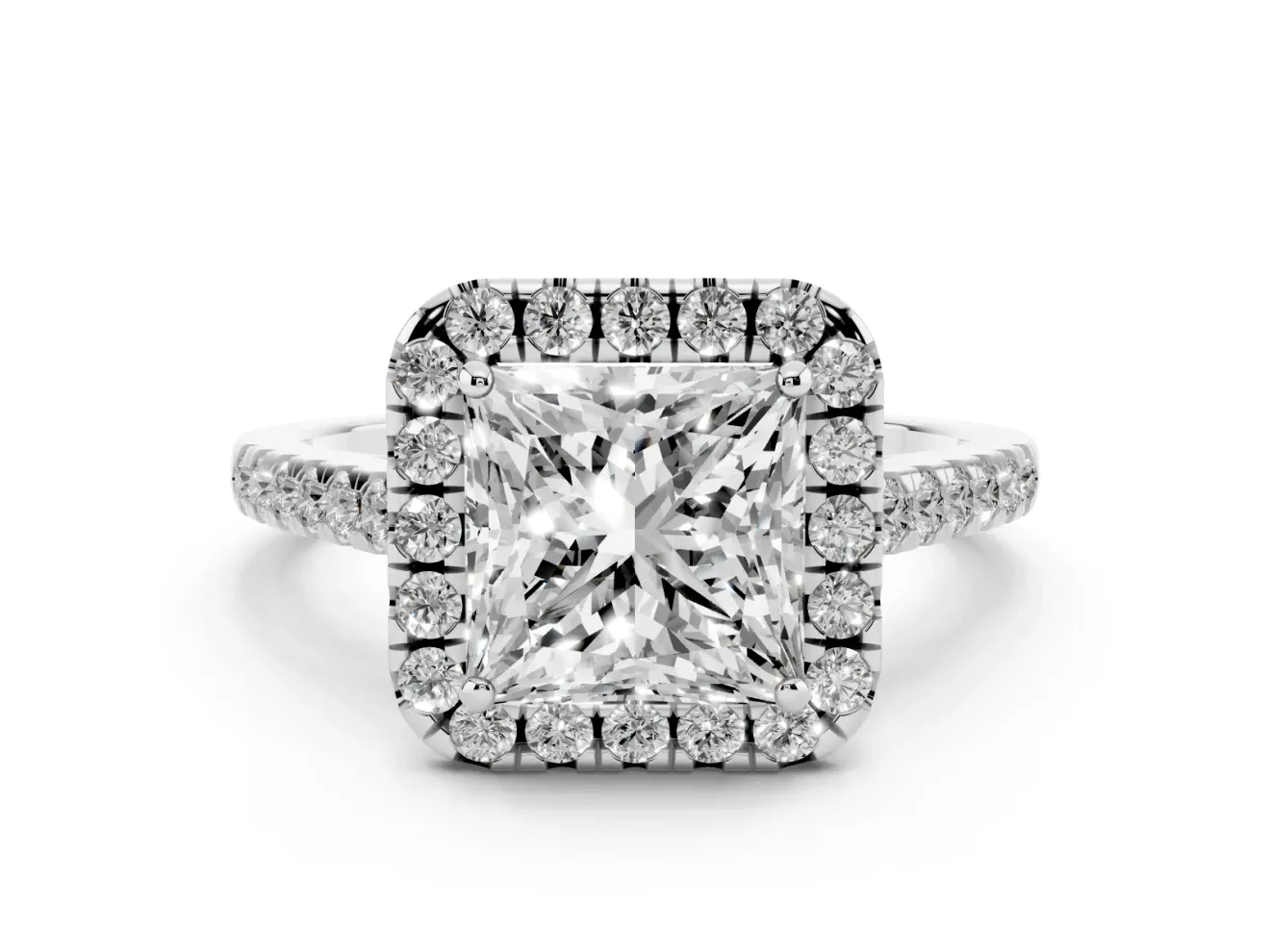Princess Cut Halo Engagement Ring Setting | Pave Shoulders | Sterling Silver