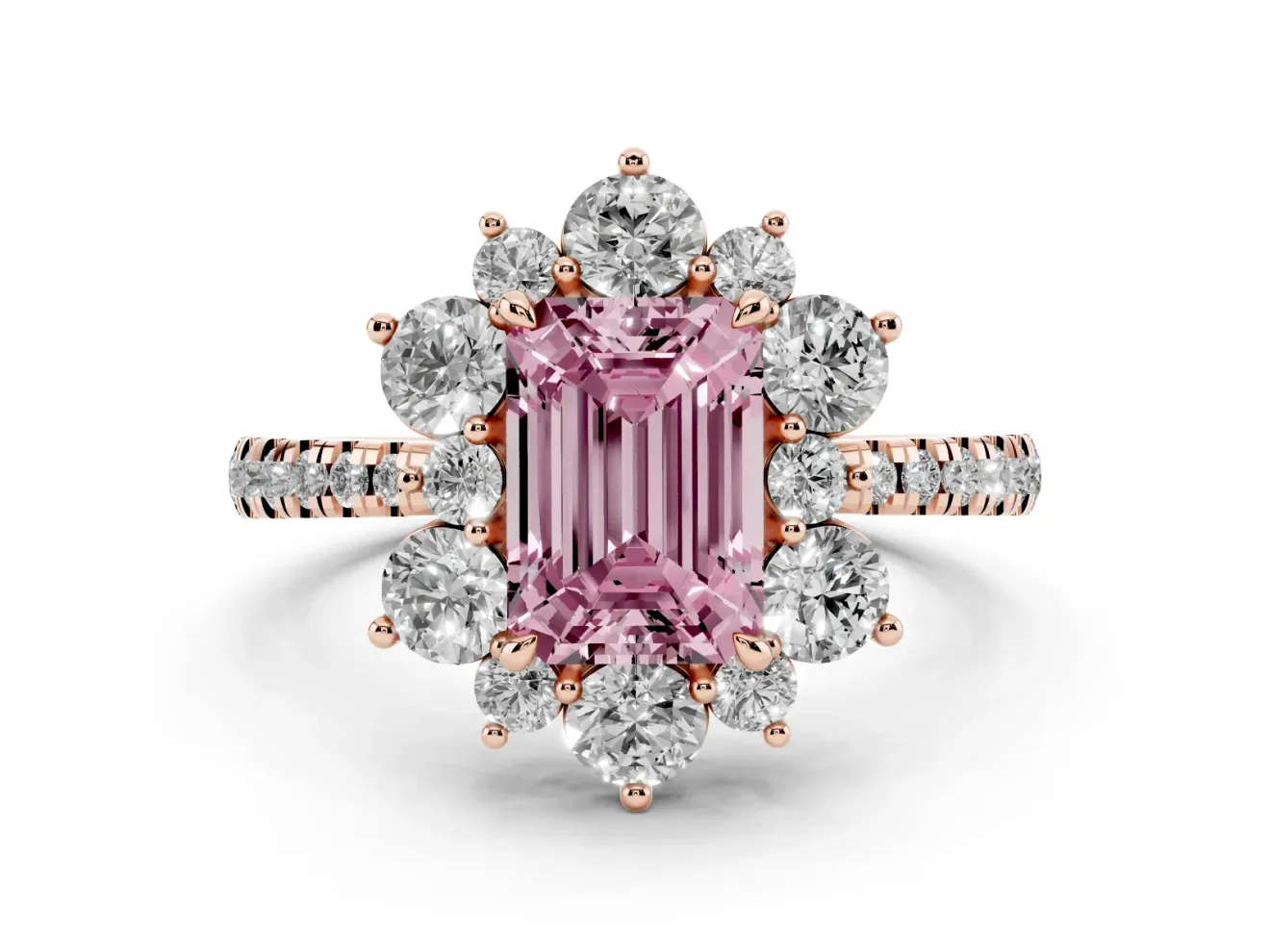 Fancy Pink Emerald Cut Diamond Floral Halo Ring Set in Rose gold with Round Pavé Band and Prong Setting