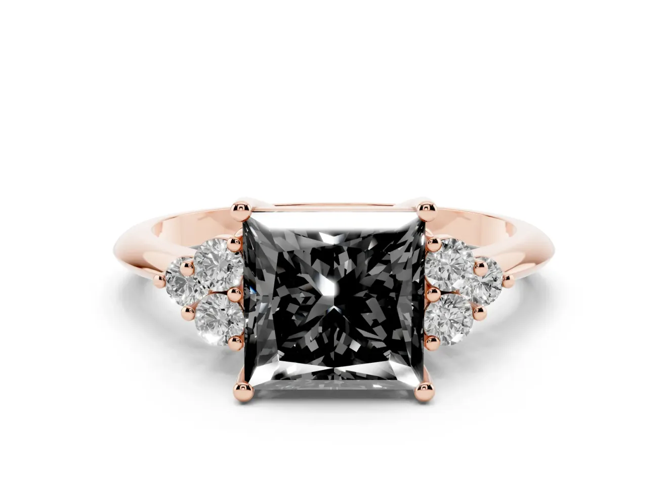Princess Cut Cluster Accent Engagement Ring Setting for a Black Center | Plain Band | Rose Gold