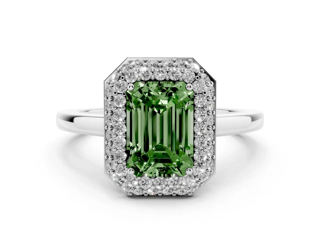 Fancy Green Emerald Cut Diamond Halo Engagement Ring Set in White gold with Solitaire Band and Prong Setting
