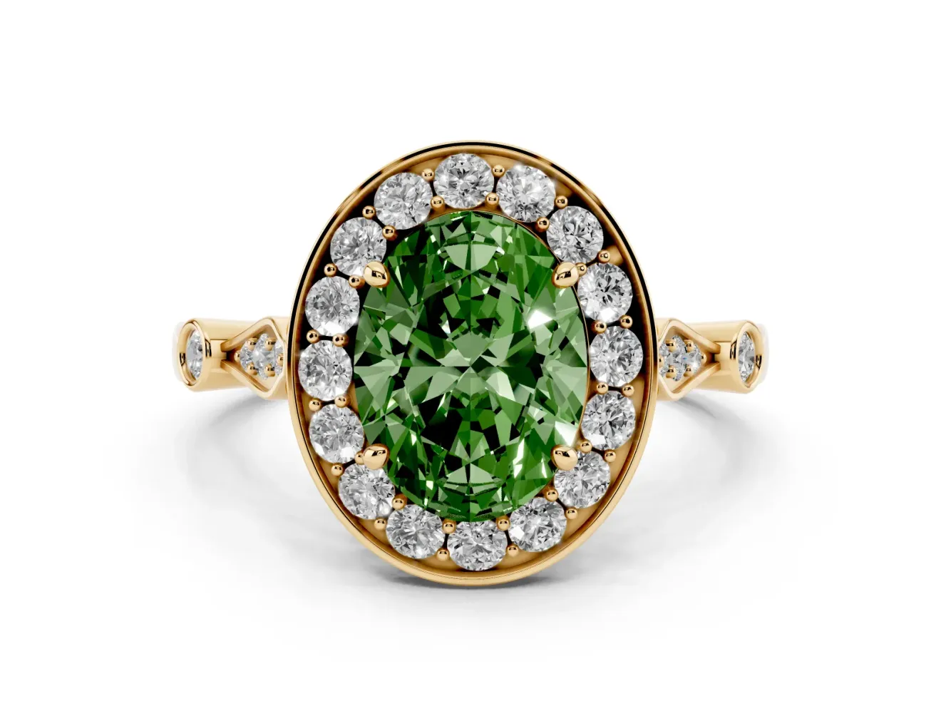 Oval Halo Engagement Ring Setting for a Fancy Green Lab-Grown Diamond | Bezel Stations | Yellow Gold