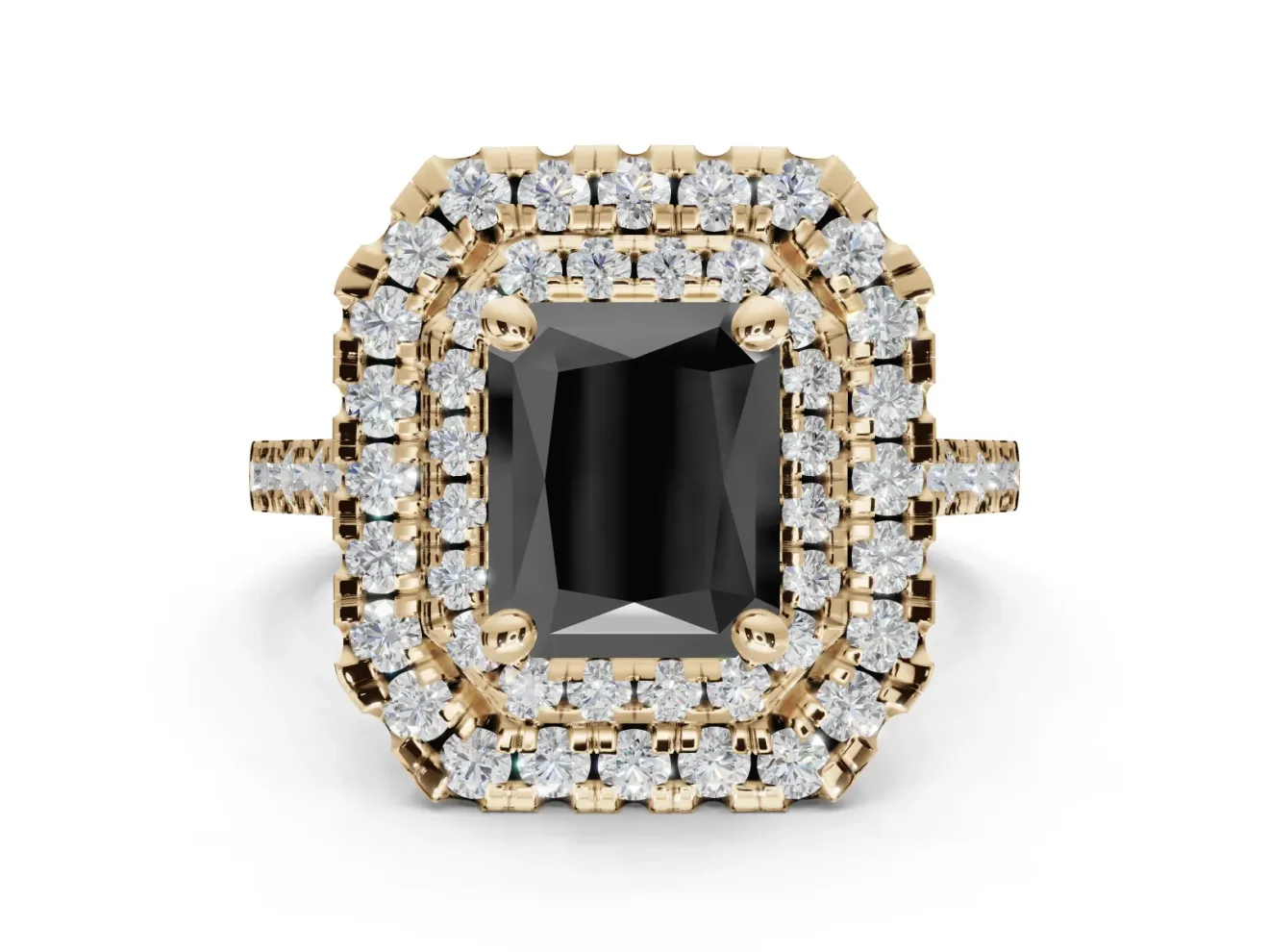 Fancy Black Radiant Cut Lab-Grown Diamond Double Halo Statement Ring Set in Yellow Gold with Pavé Band