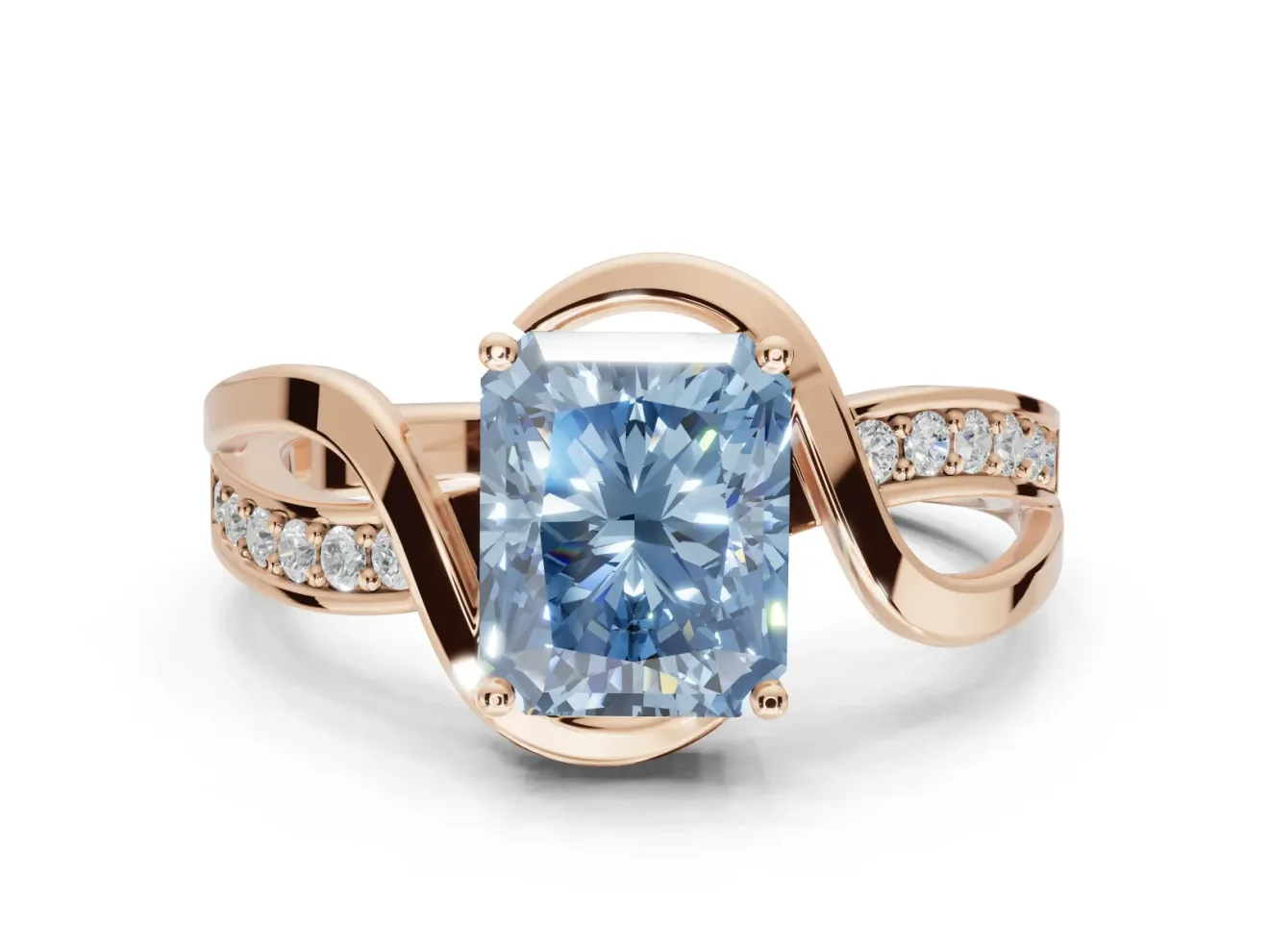 Radiant Cut Bypass Solitaire Engagement Ring Setting for a Fancy Blue Lab-Grown Diamond | Pavé Strands | Rose Gold