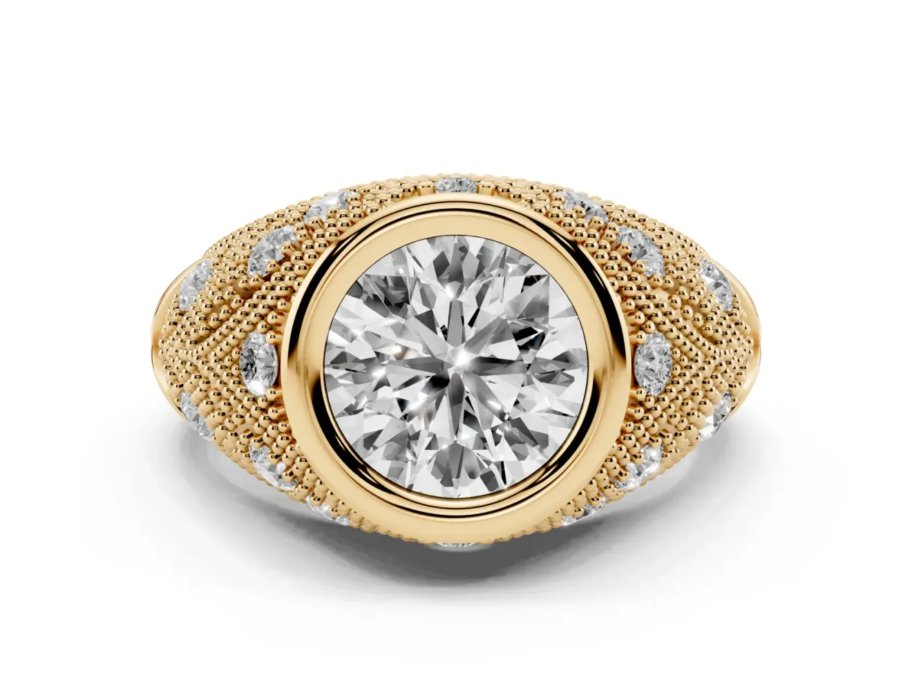 Round Vintage Bezel Engagement Ring Setting | Beaded Paisley Shoulders | Yellow Gold