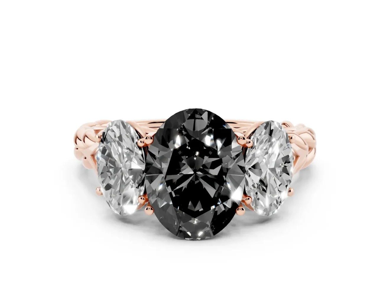 Fancy Black Oval Cut Diamond Three-Stone Ring Set in Rose gold with Braided Band