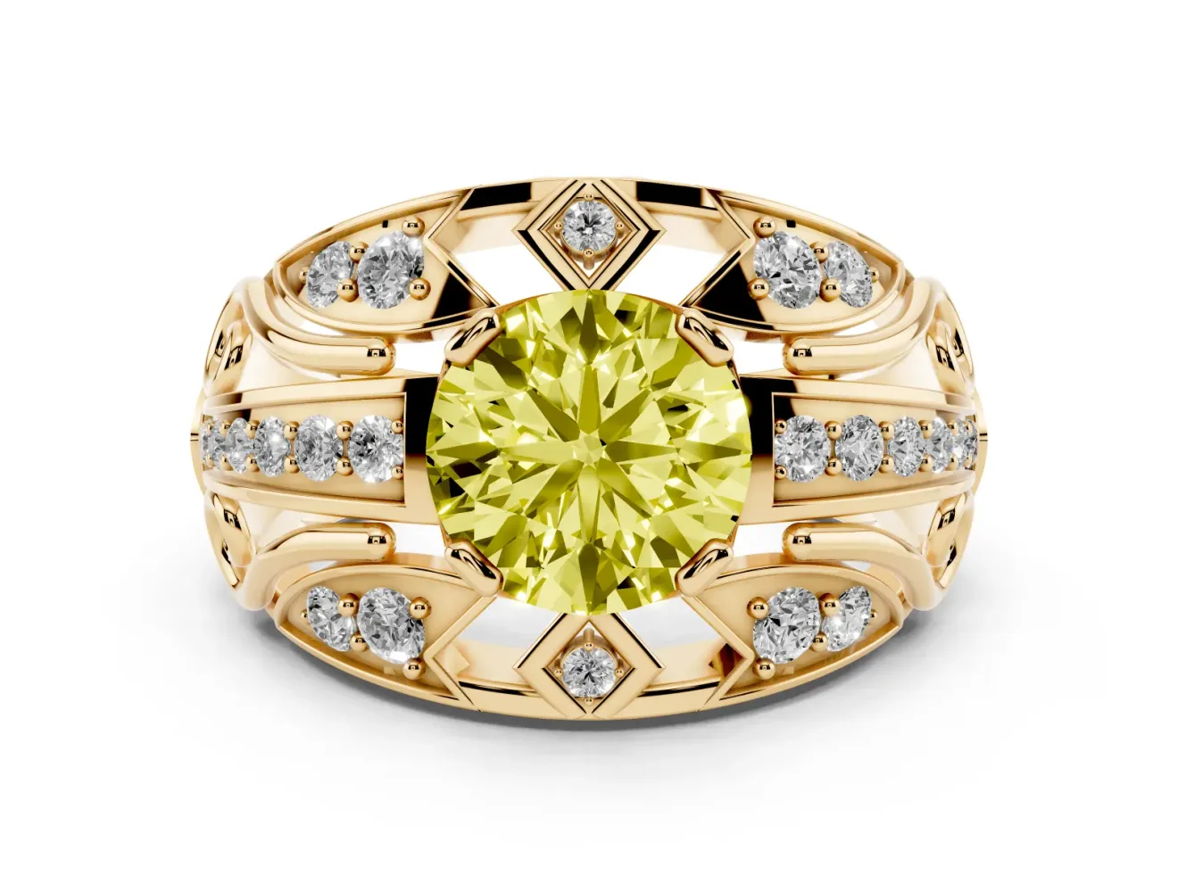 Round Art Deco Graduated Engagement Ring Setting for a Fancy Yellow Lab-Grown Diamond | Yellow Gold