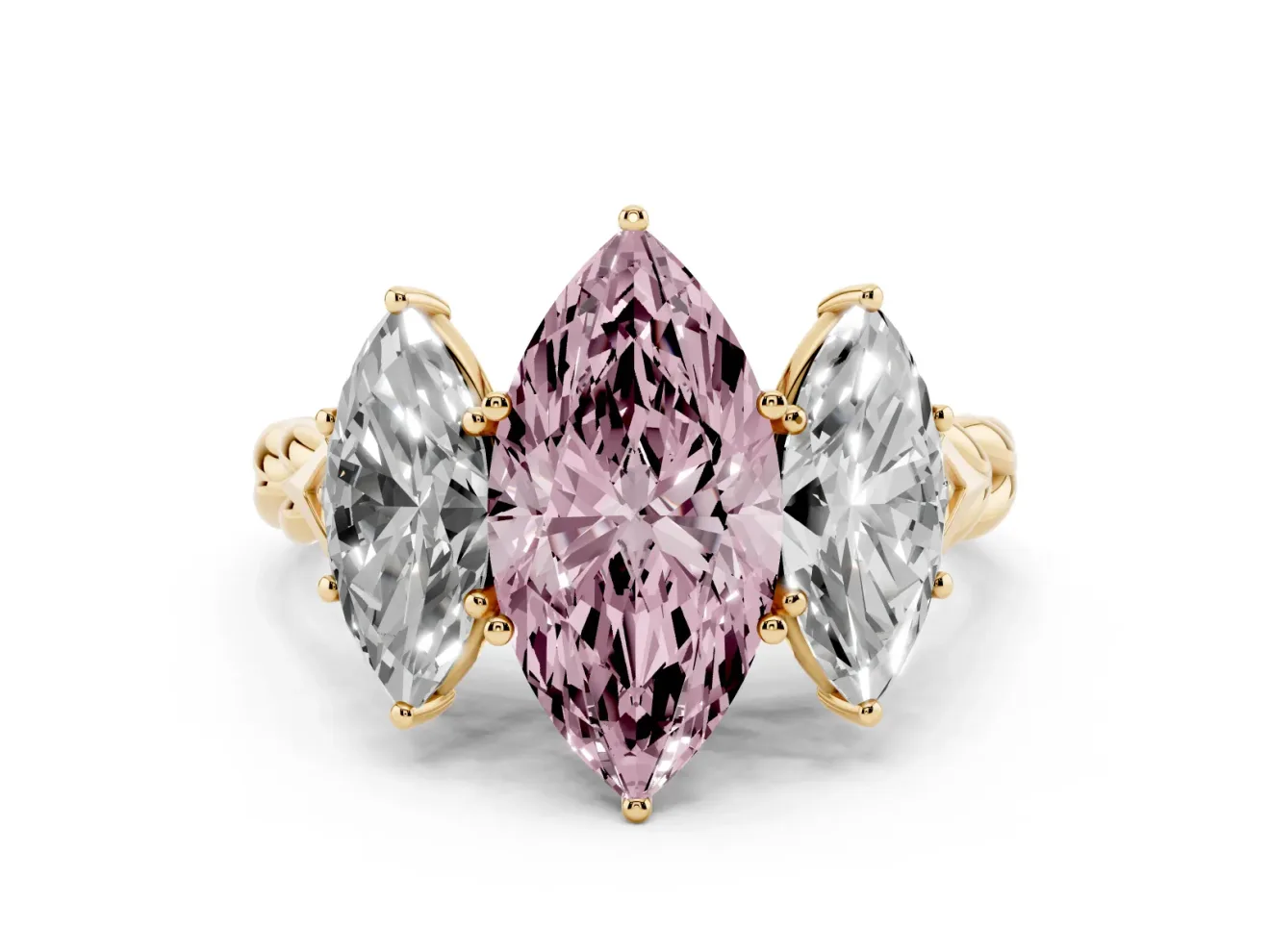 Fancy Pink Marquise Cut Diamond Three-Stone Ring Set in Yellow gold with Braided Band