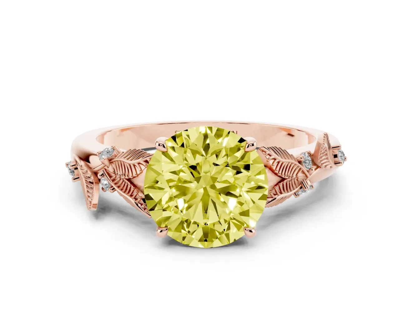 Fancy Yellow Round Cut Diamond Solitaire Ring Set in Rose gold with Leaf Motif Band