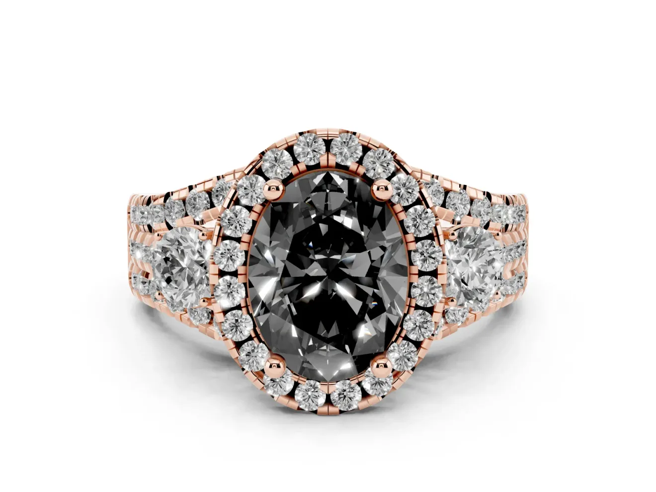 Oval Halo Split Shank Engagement Ring Setting for a Black Center | Round Side Stones | Rose Gold