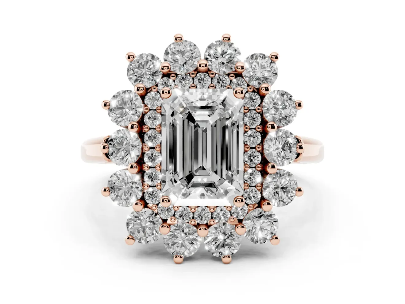 Emerald Cut Floral Double Halo Engagement Ring Setting | Plain Band | Rose Gold