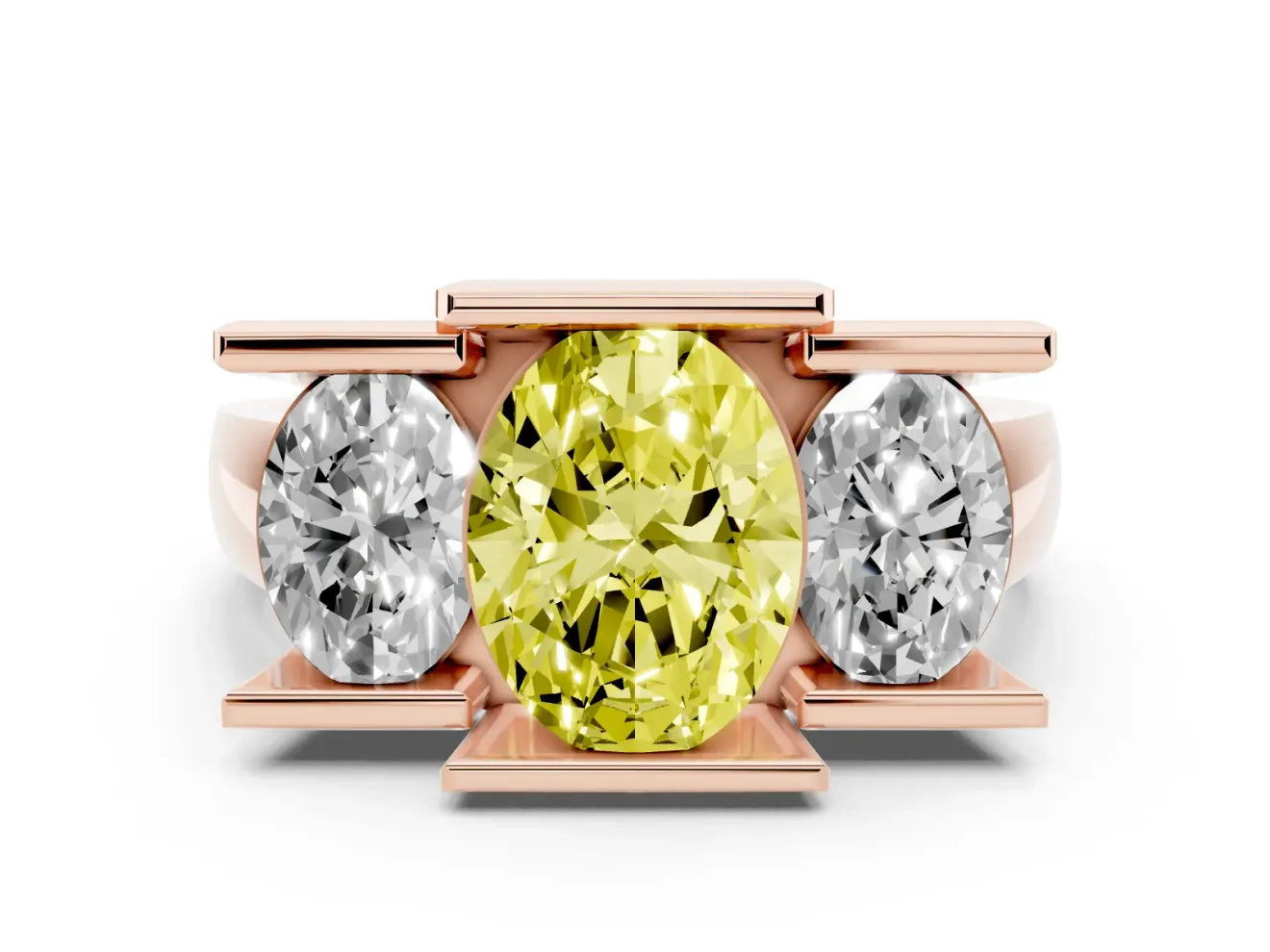 Fancy Yellow Oval Cut Diamond Three-Stone Channel Set Ring Set in Rose gold with Smooth Polished Band