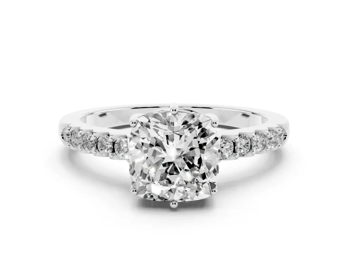 Cushion Cut Hidden Halo Solitaire Engagement Ring Setting | Shared Prong Band | Sterling Silver