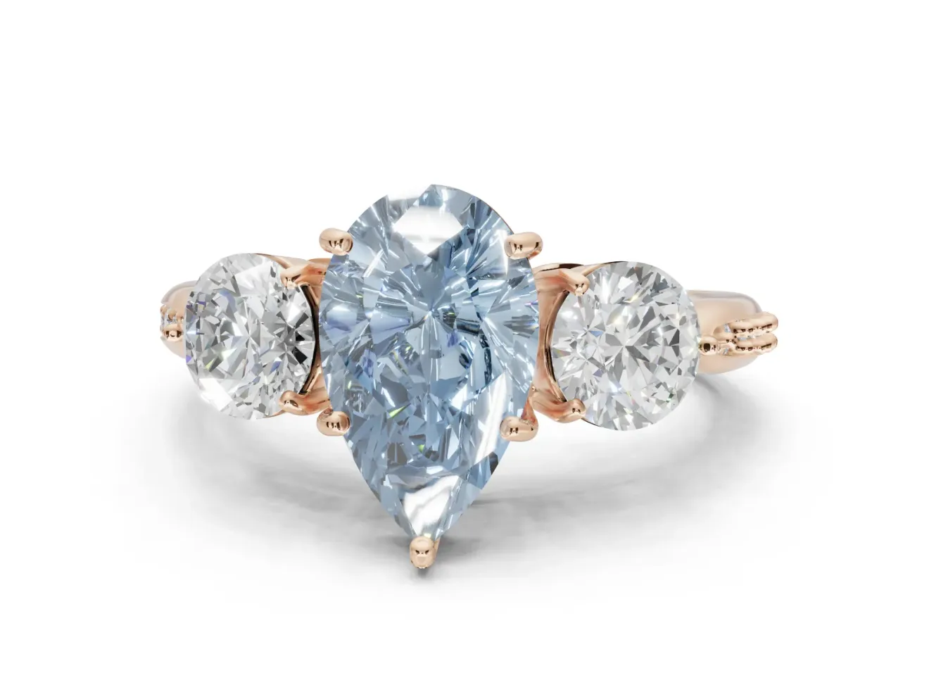 Pear-Shaped Three Stone Engagement Ring Setting for a Fancy Blue Lab-Grown Diamond | Tapered Pave Band | Rose Gold