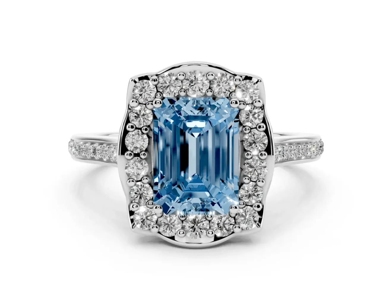 Emerald Cut Halo Engagement Ring Setting for a Fancy Blue Lab-Grown Diamond | Petal Tips | Platinum