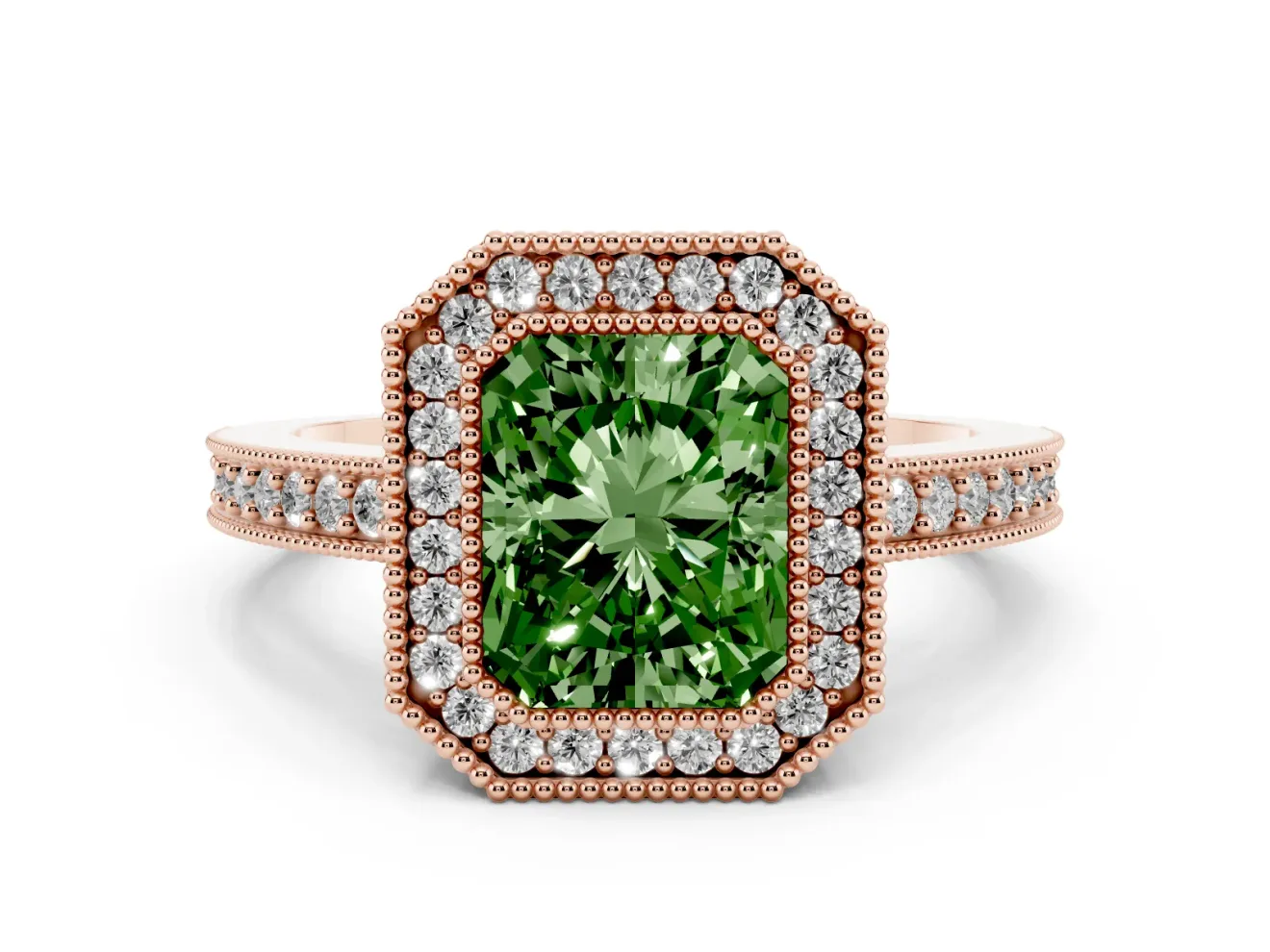 Fancy Green Radiant Cut Diamond Halo Engagement Ring Set in Rose gold with Pavé Band and Round Halo Stones
