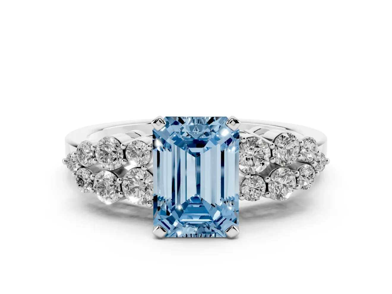Fancy Blue Emerald Cut Diamond Cluster Engagement Ring Set in Platinum with Pavé Band and Prong Setting