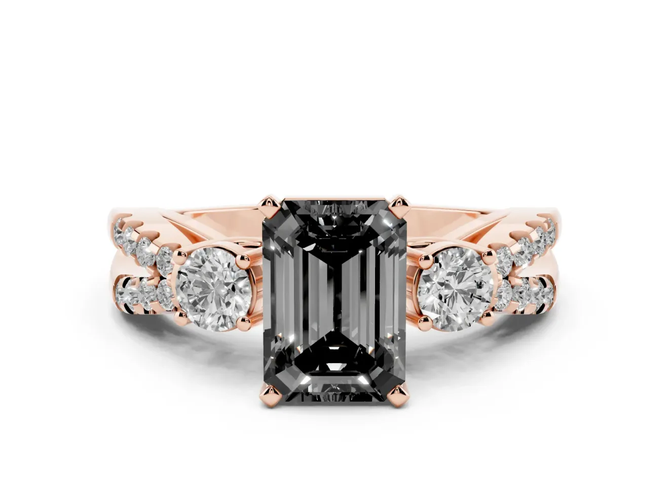 Fancy Black Emerald Cut Diamond Three-Stone Ring Set in Rose gold with Pavé Split Shank and Prong Setting