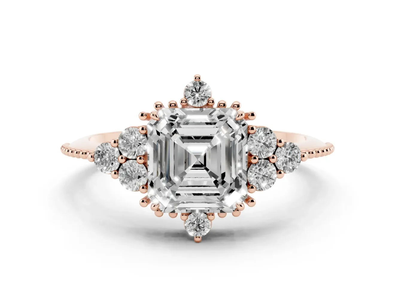 Asscher Cut Vintage Cluster Engagement Ring Setting | Beaded Edges | Rose Gold