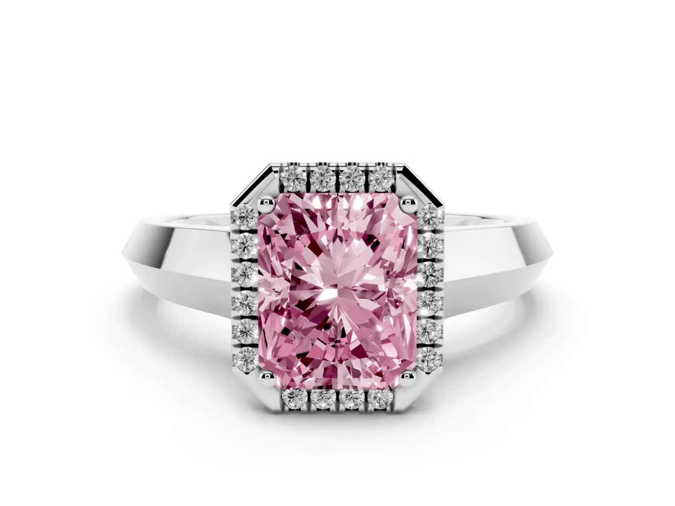 Fancy Pink Radiant Cut Diamond Halo Ring Set in Silver with Cathedral Band and Prong Setting