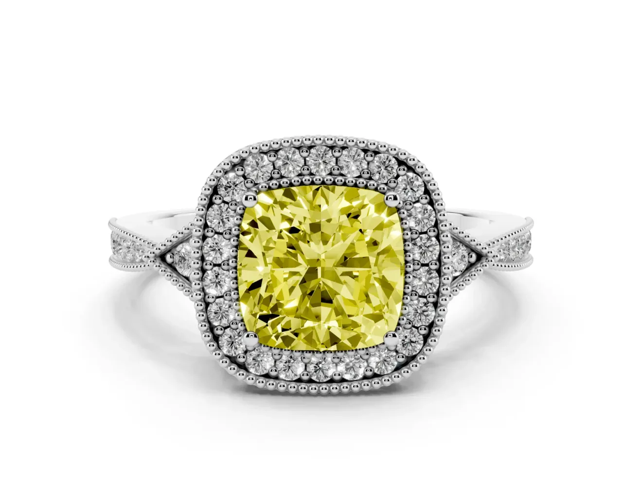 Fancy Yellow Cushion Cut Diamond Halo Engagement Ring Set in Platinum with Milgrain Pavé Band