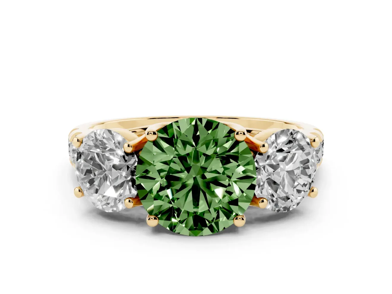Round Three Stone Engagement Ring Setting for a Fancy Green Lab-Grown Diamond | Accented Shoulders | Yellow Gold