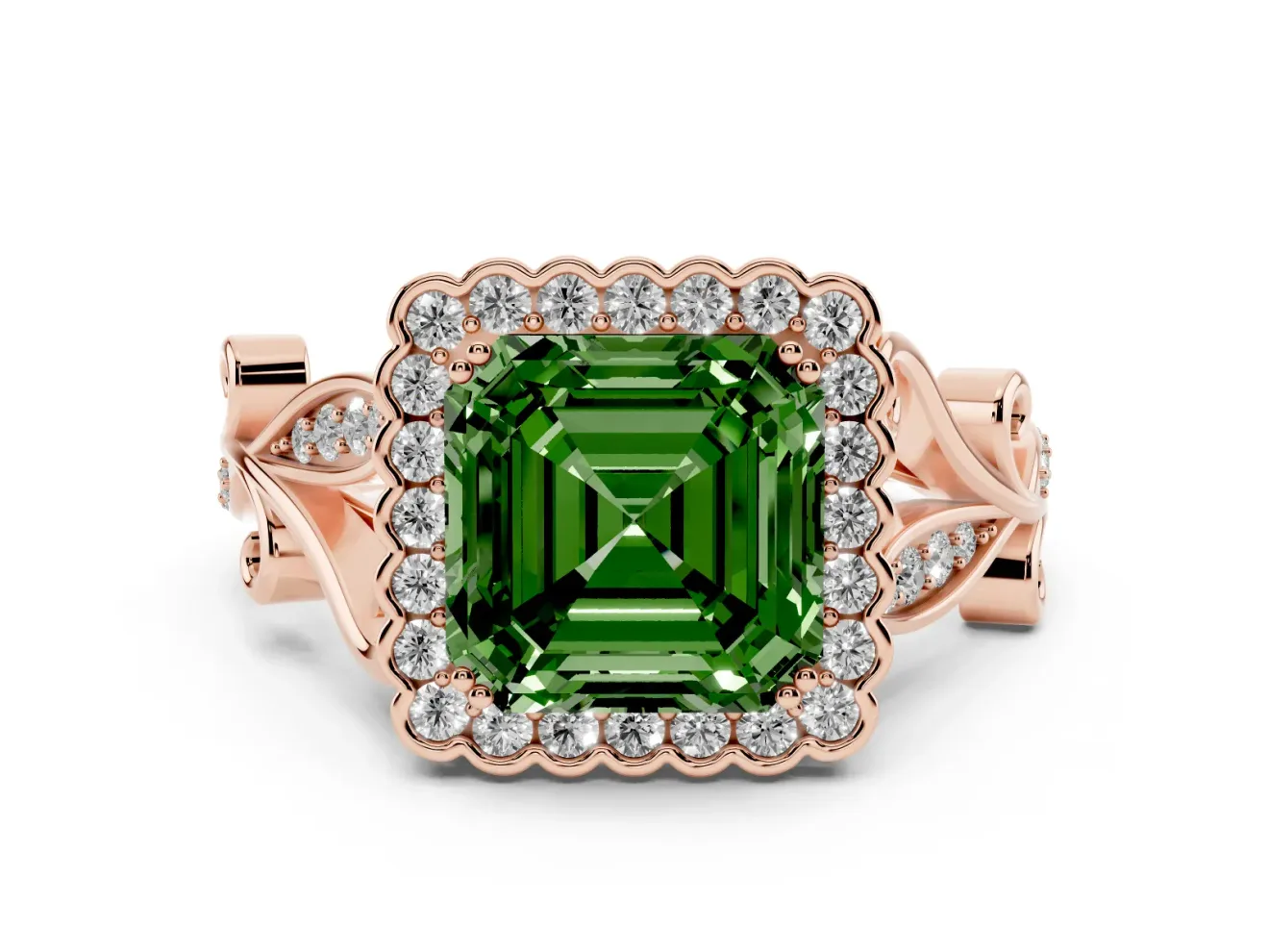 Asscher Cut Leaf Halo Engagement Ring Setting for a Fancy Green Lab-Grown Diamond | Rose Gold