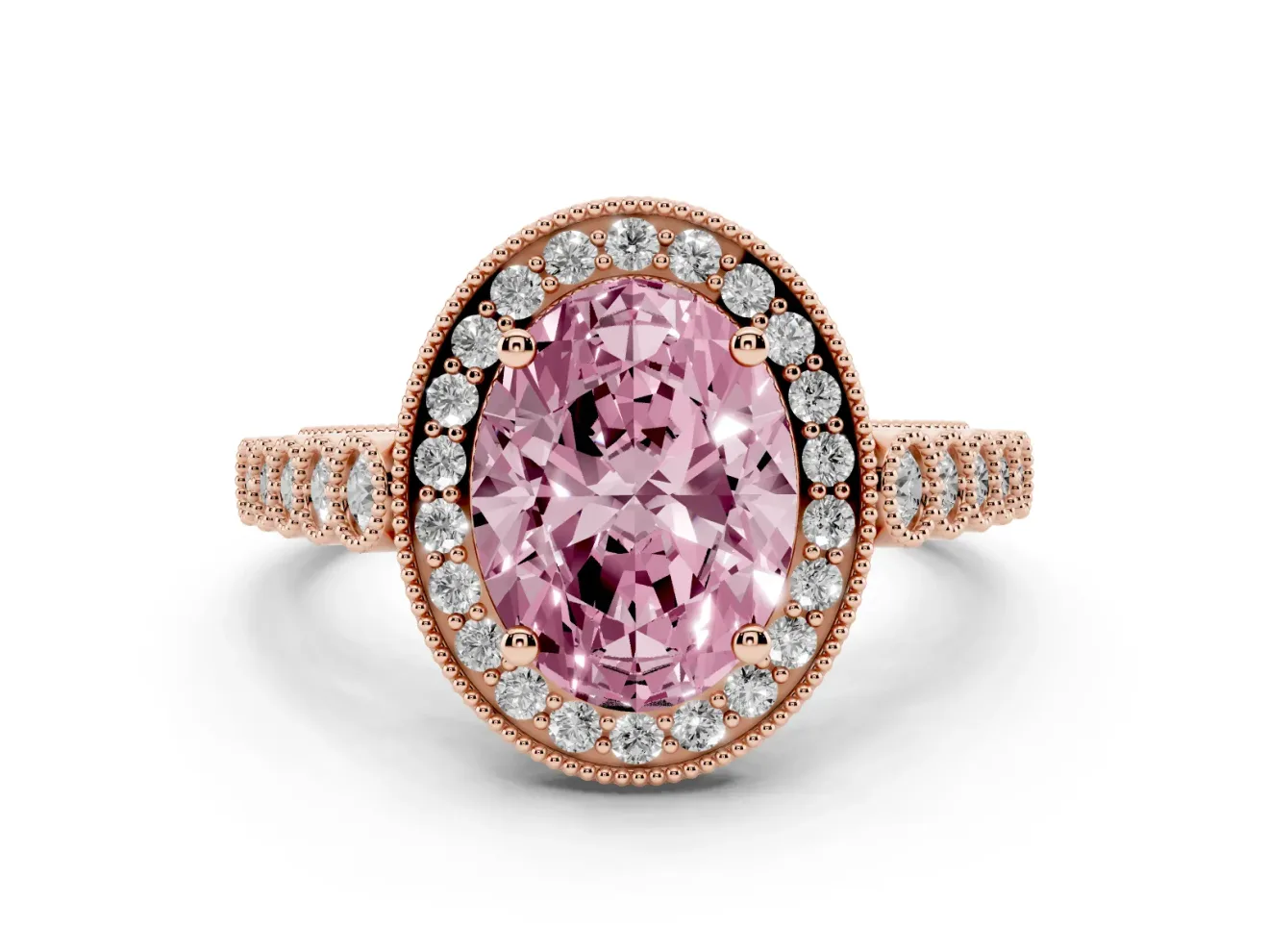 Fancy Pink Oval Cut Diamond Milgrain Halo Solitaire Ring Set in Rose gold with Bezel Set Side Stones and Pavé Band