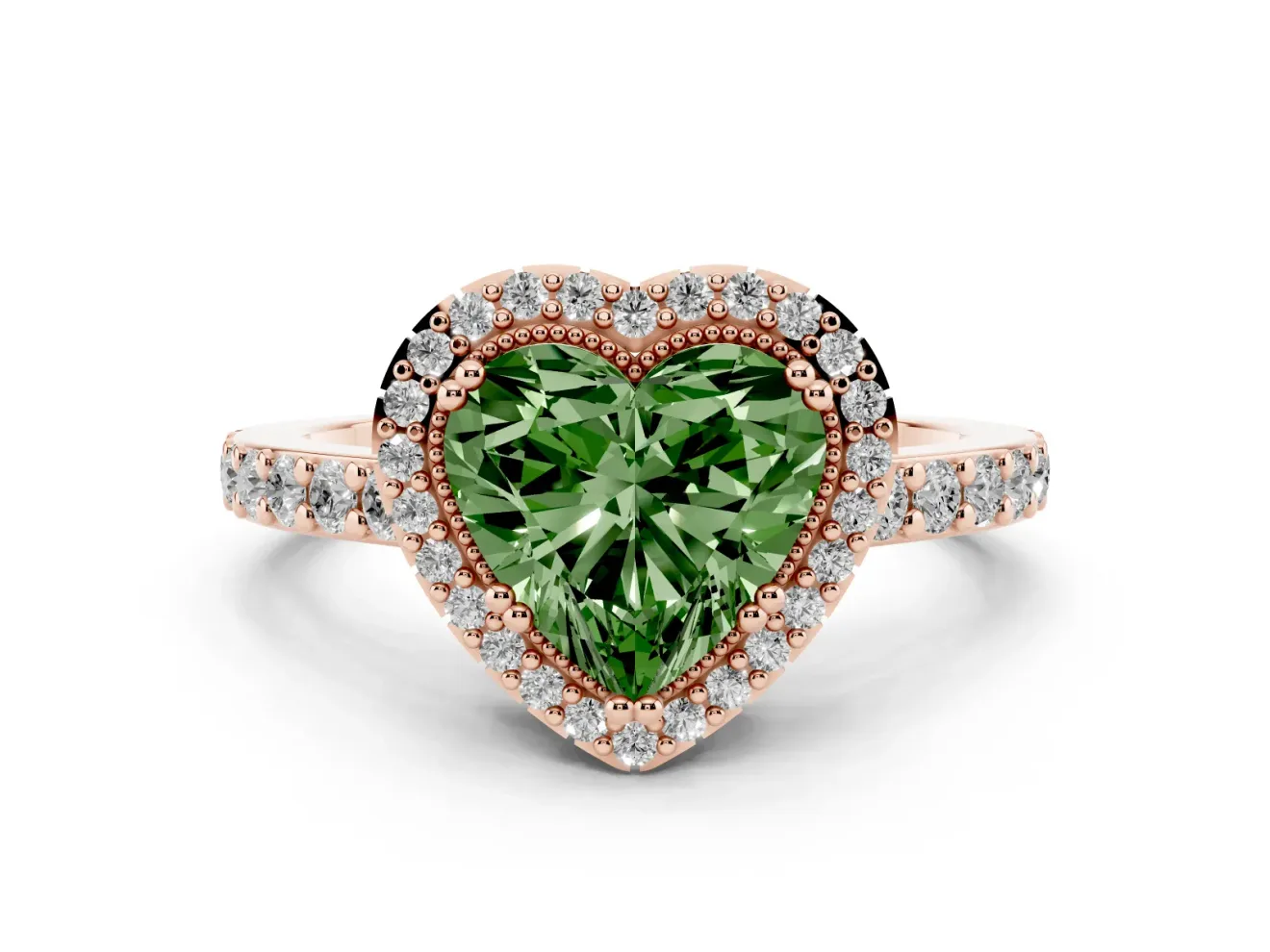 Heart-Shaped Vintage Halo Pavé Engagement Ring Setting for a Fancy Green Lab-Grown Diamond | Milgrain Border | Rose Gold