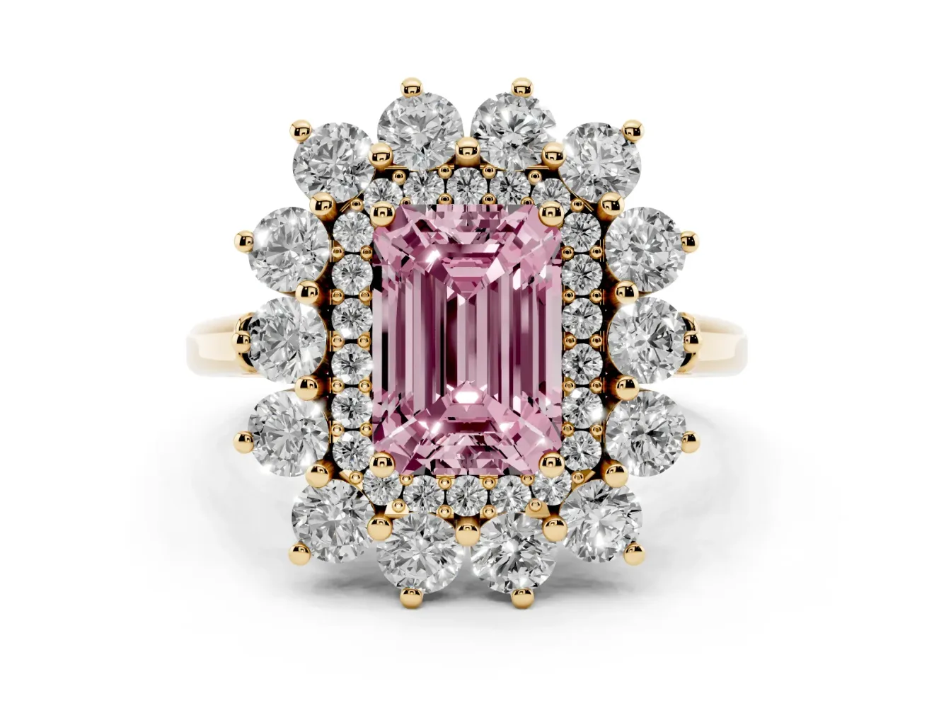 Emerald Cut Floral Double Halo Engagement Ring Setting for a Fancy Pink Lab-Grown Diamond | Plain Band | Yellow Gold