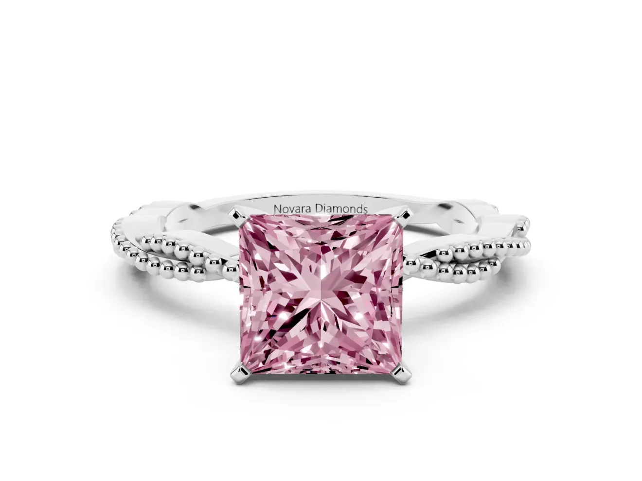 Fancy Pink Princess Cut Diamond Solitaire Ring Set in Platinum with Twisted Band and Bead Prong Setting