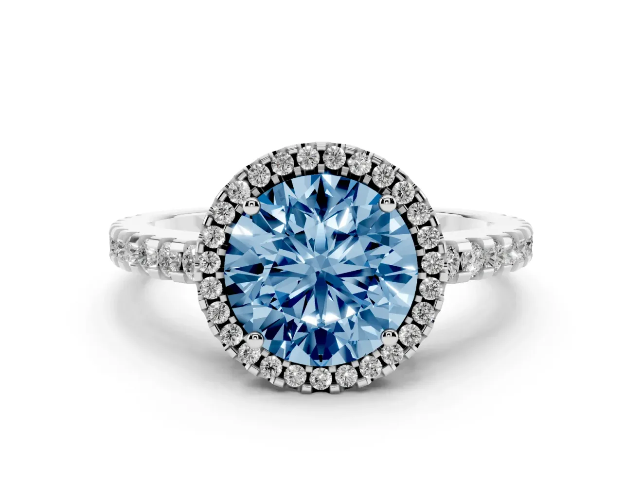Round Halo Engagement Ring Setting for a Fancy Blue Lab-Grown Diamond | Half Pave Band | Platinum
