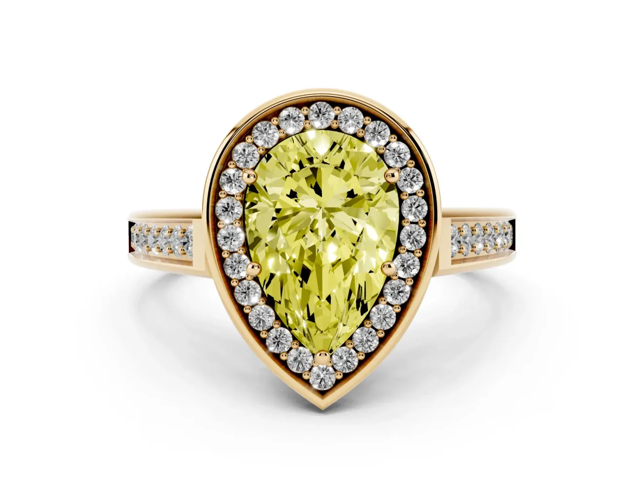 Pear-Shaped Rimmed Halo Engagement Ring Setting for a Fancy Yellow Lab-Grown Diamond | Yellow Gold