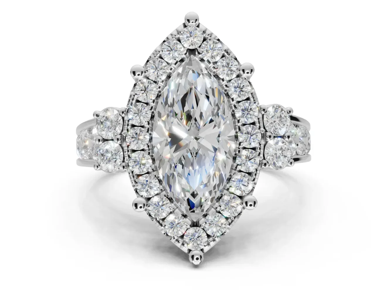 Marquise Halo Side Cluster Engagement Ring Setting | Graduated Channel Band | White Gold