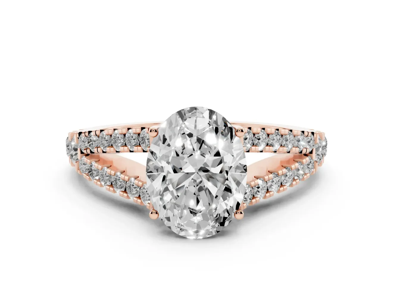 Oval Graduated Pave Split Shank Engagement Ring Setting | V Split Shoulders | Rose Gold