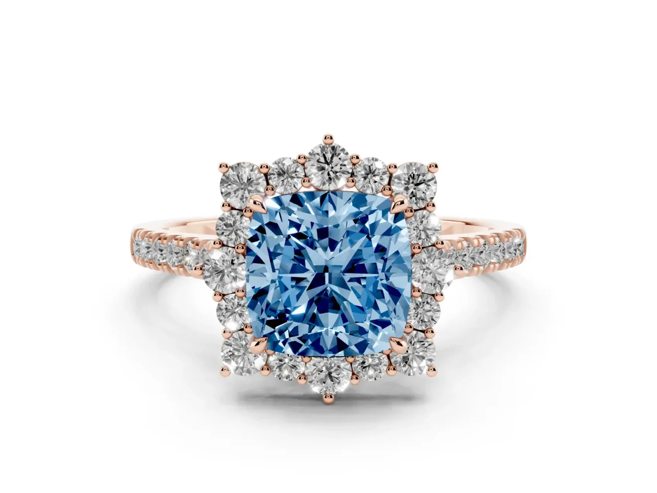 Cushion Cut Scalloped Halo Engagement Ring Setting for a Fancy Blue Lab-Grown Diamond | Single Row Pave | Rose Gold