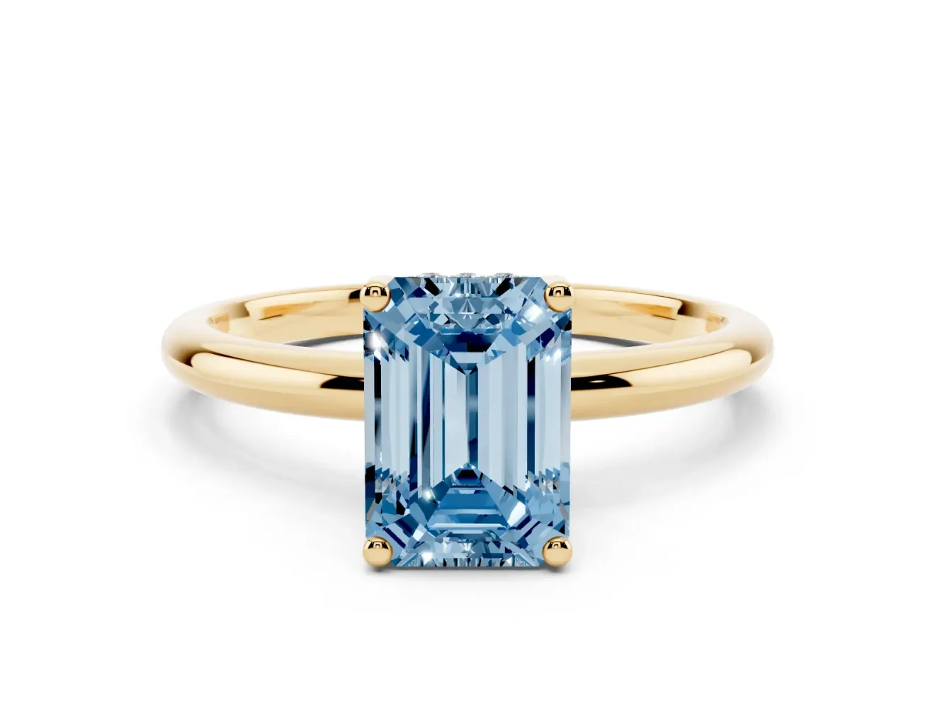 Fancy Blue Emerald Cut Diamond Solitaire Engagement Ring Set in Yellow gold with Prong Setting and Polished Band