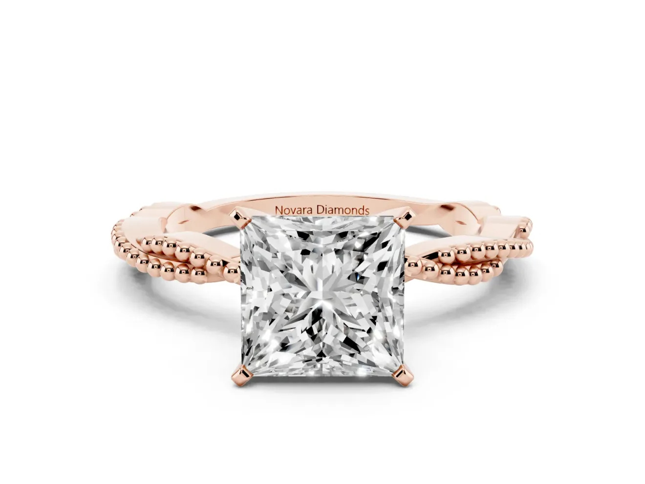 Princess Cut Diamond Solitaire Ring Set in Rose gold with Twisted Band and Bead Prong Setting