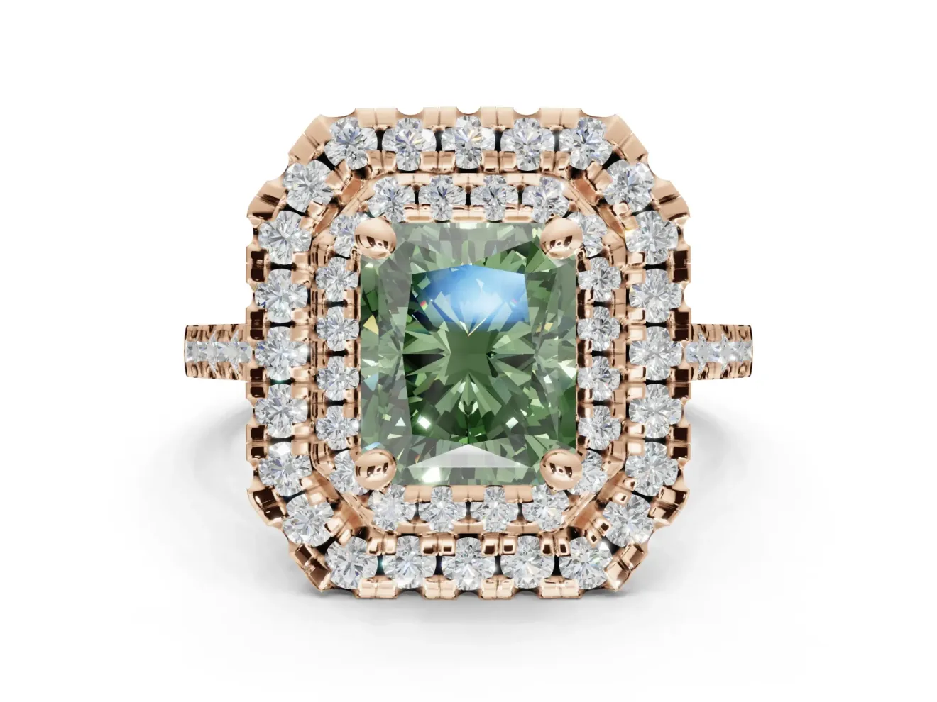 Fancy Green Radiant Cut Lab-Grown Diamond Double Halo Statement Ring Set in Rose Gold with Pavé Band