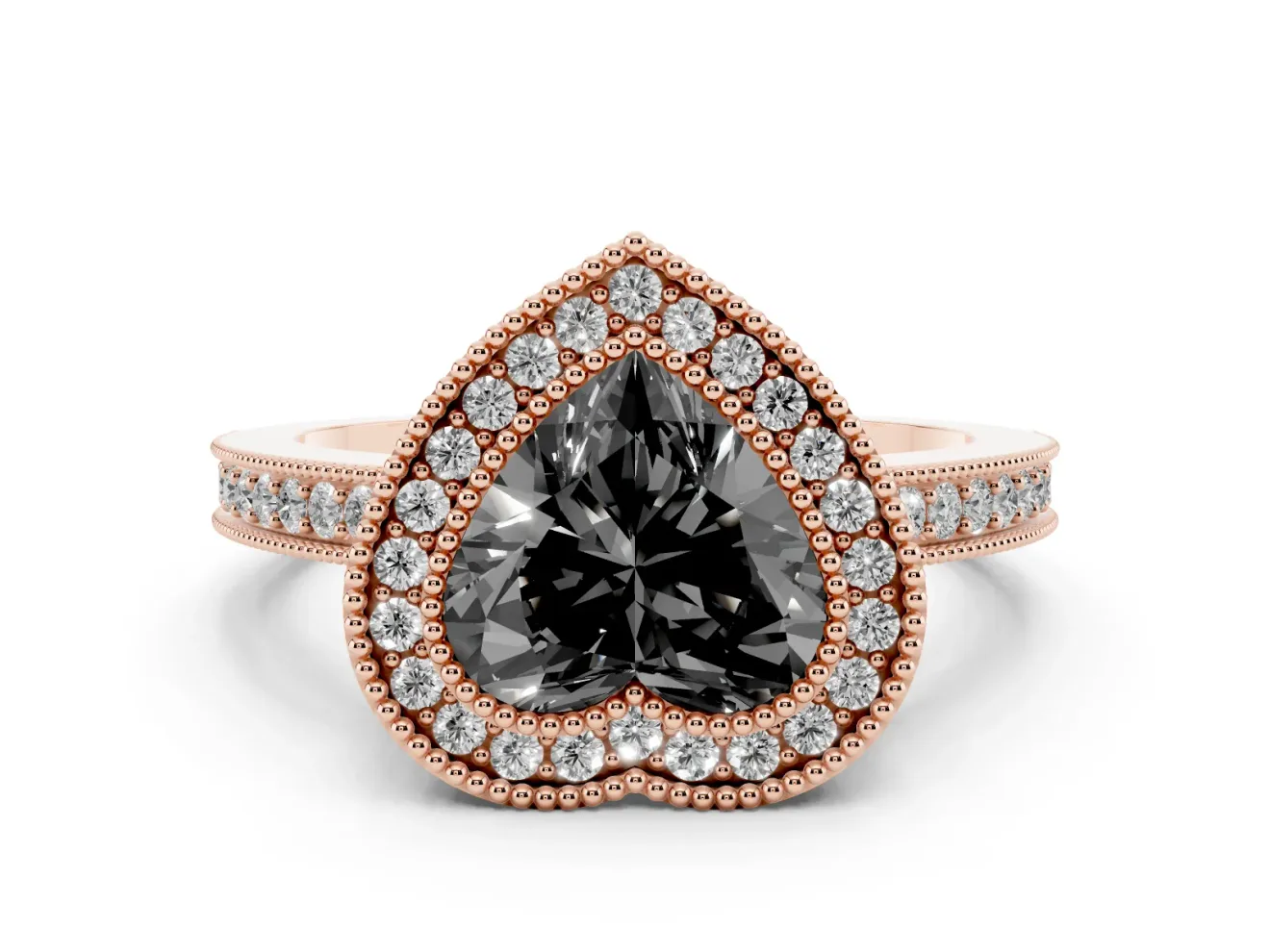 Fancy Black Heart Cut Diamond Round Halo Ring Set in Rose gold with Pavé Band