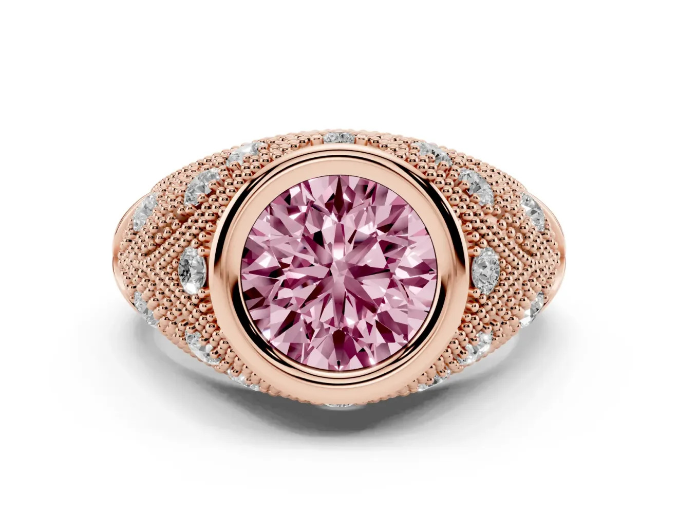Fancy Pink Round Cut Diamond Bezel Ring Set in Rose gold with Milgrain Accent Band