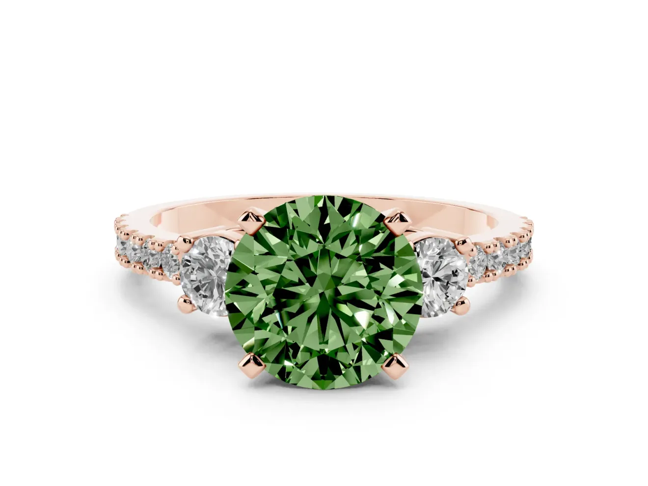 Fancy Green Three-Stone Round Cut Diamond Pavé Band Ring Set in Rose gold with Prong Setting