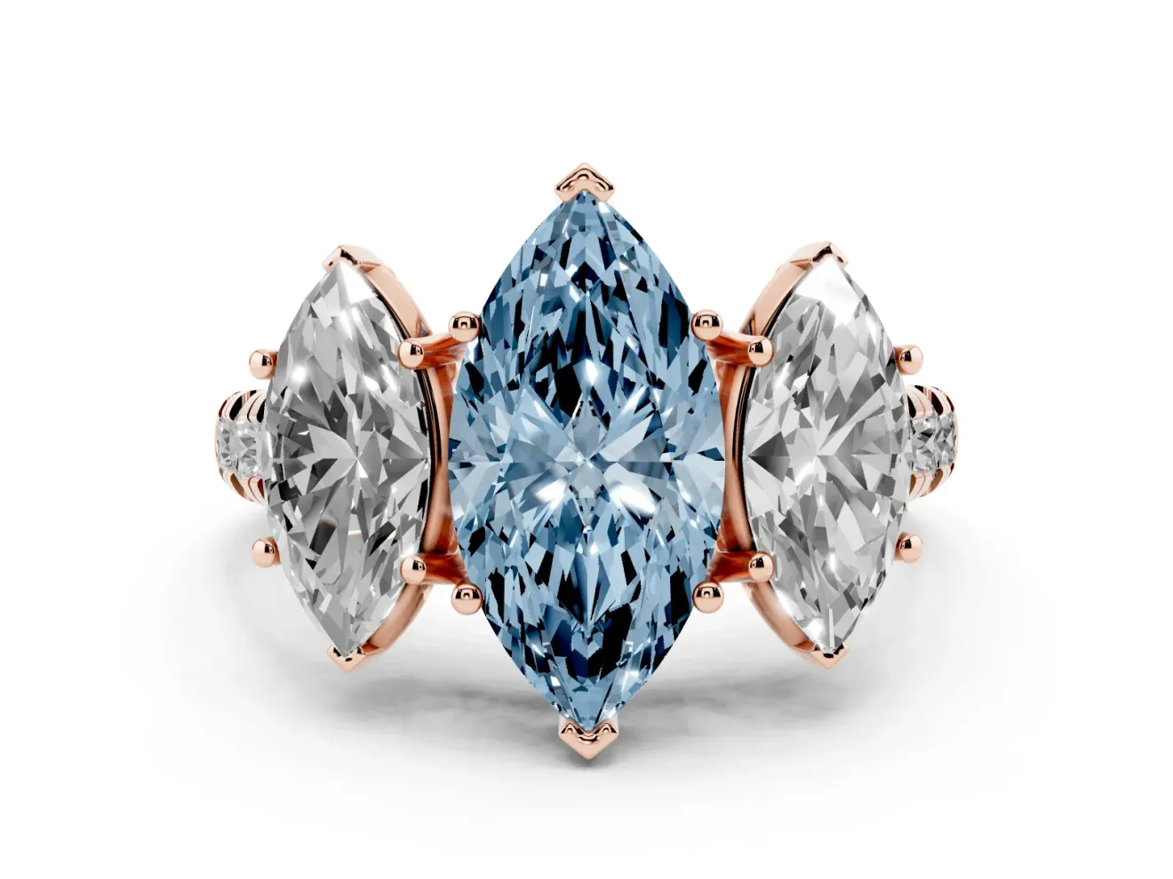 Marquise Three Stone Engagement Ring Setting for a Fancy Blue Lab-Grown Diamond | Accented Shoulders | Rose Gold