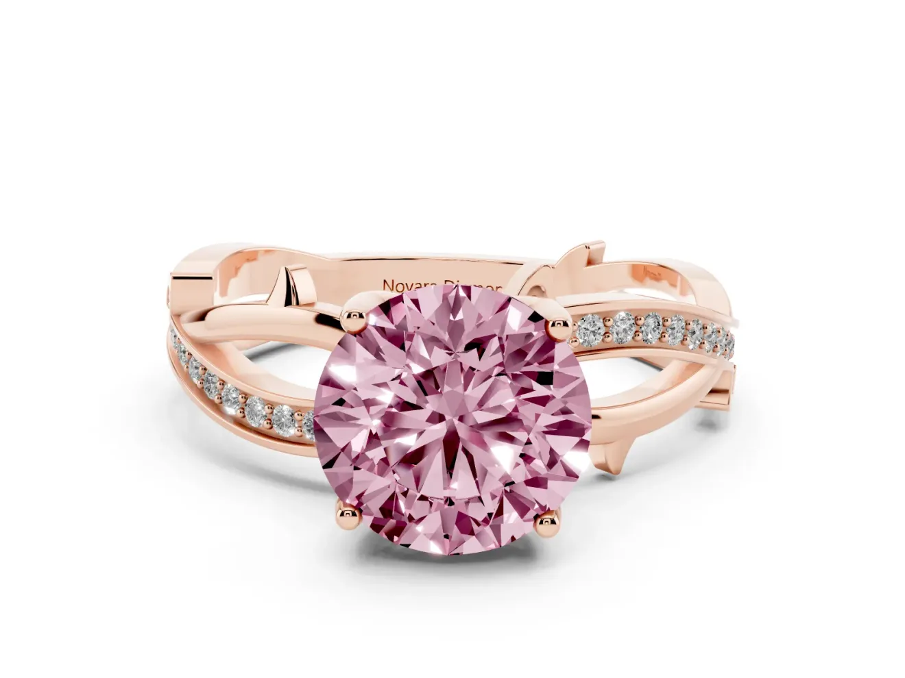 Fancy Pink Round Cut Diamond Pavé Twist Band Solitaire Ring Set in Rose gold with Prong Setting