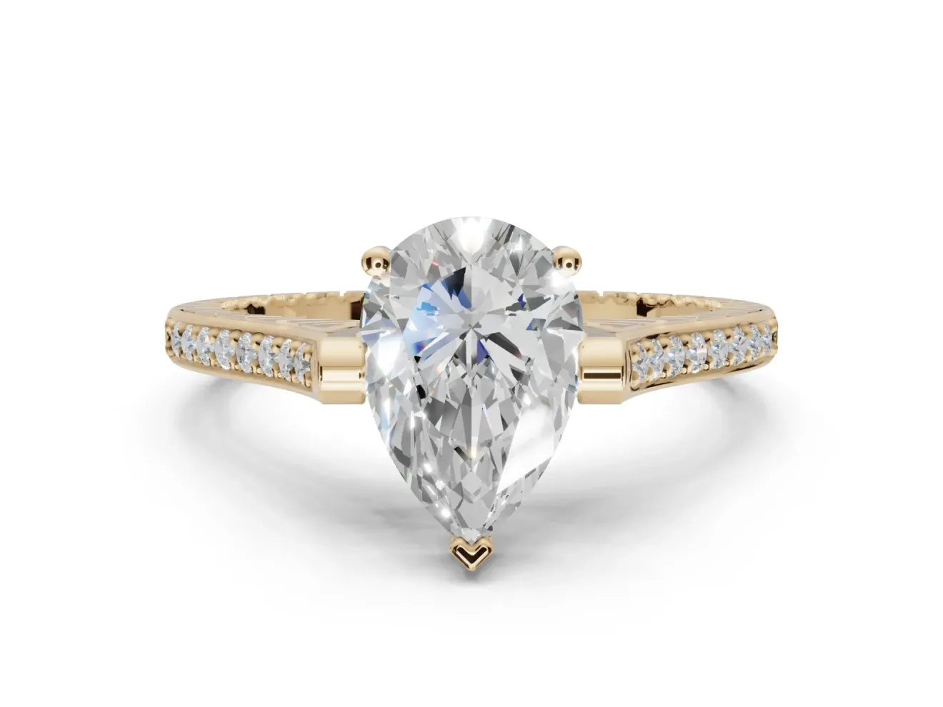 Pear-Shaped Vintage Cathedral Engagement Ring Setting | Carved Band | Yellow Gold