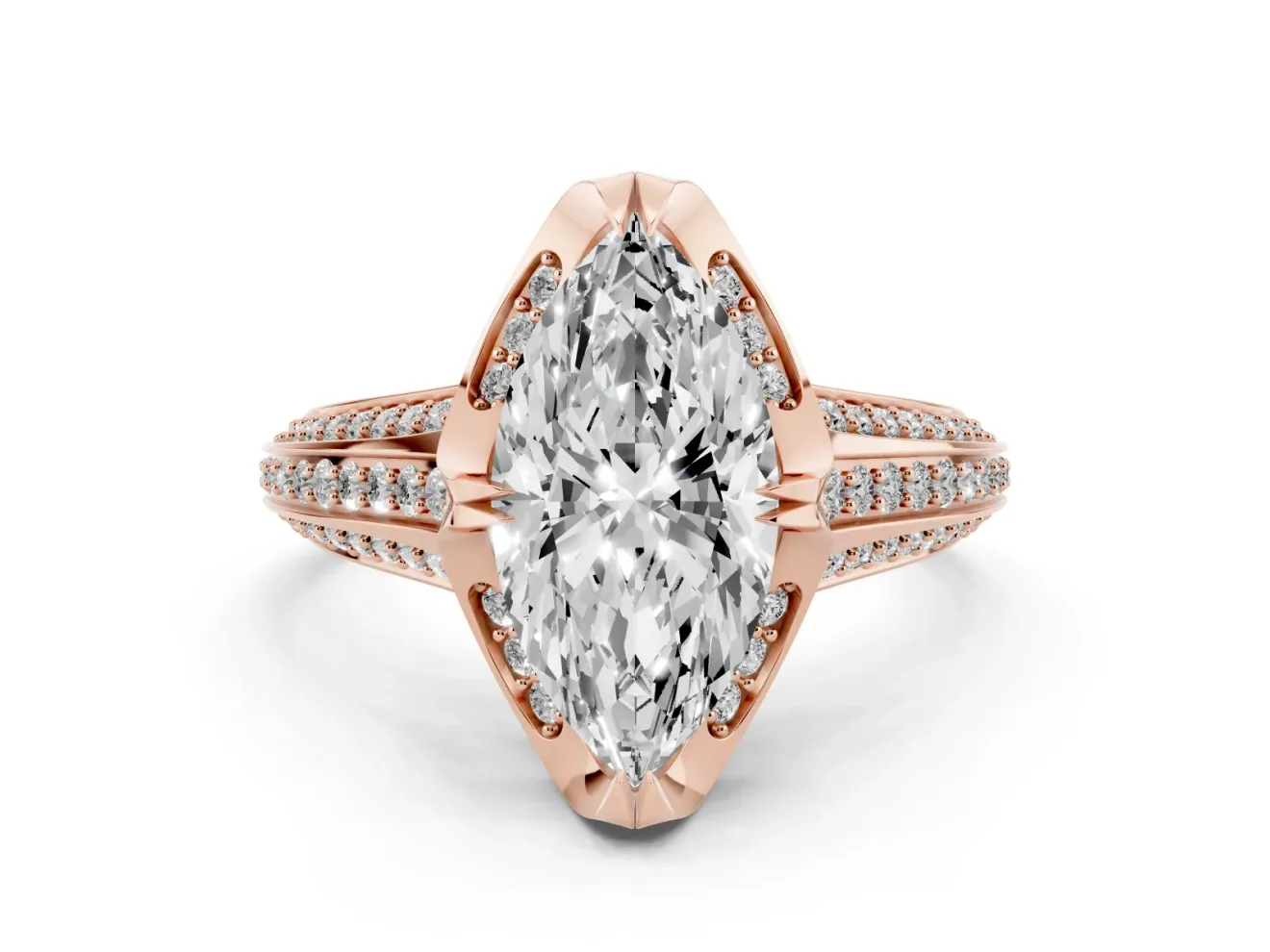 Marquise Hidden Halo Engagement Ring Setting | Triple Row Pavé Band | Rose Gold