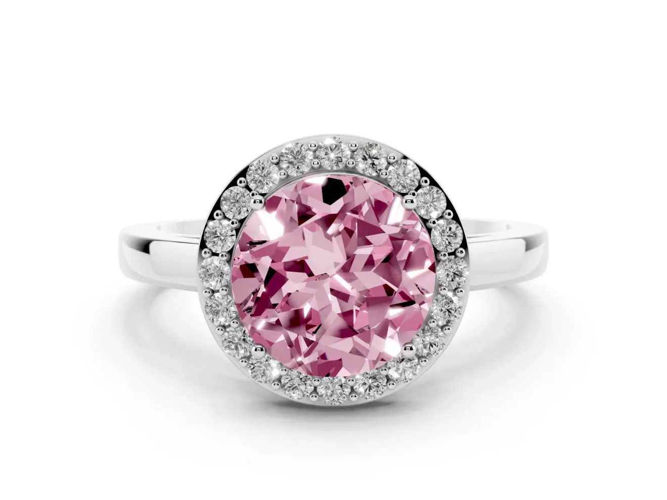 Round Thin Halo Engagement Ring Setting for a Fancy Pink Lab-Grown Diamond | Plain Band | Platinum