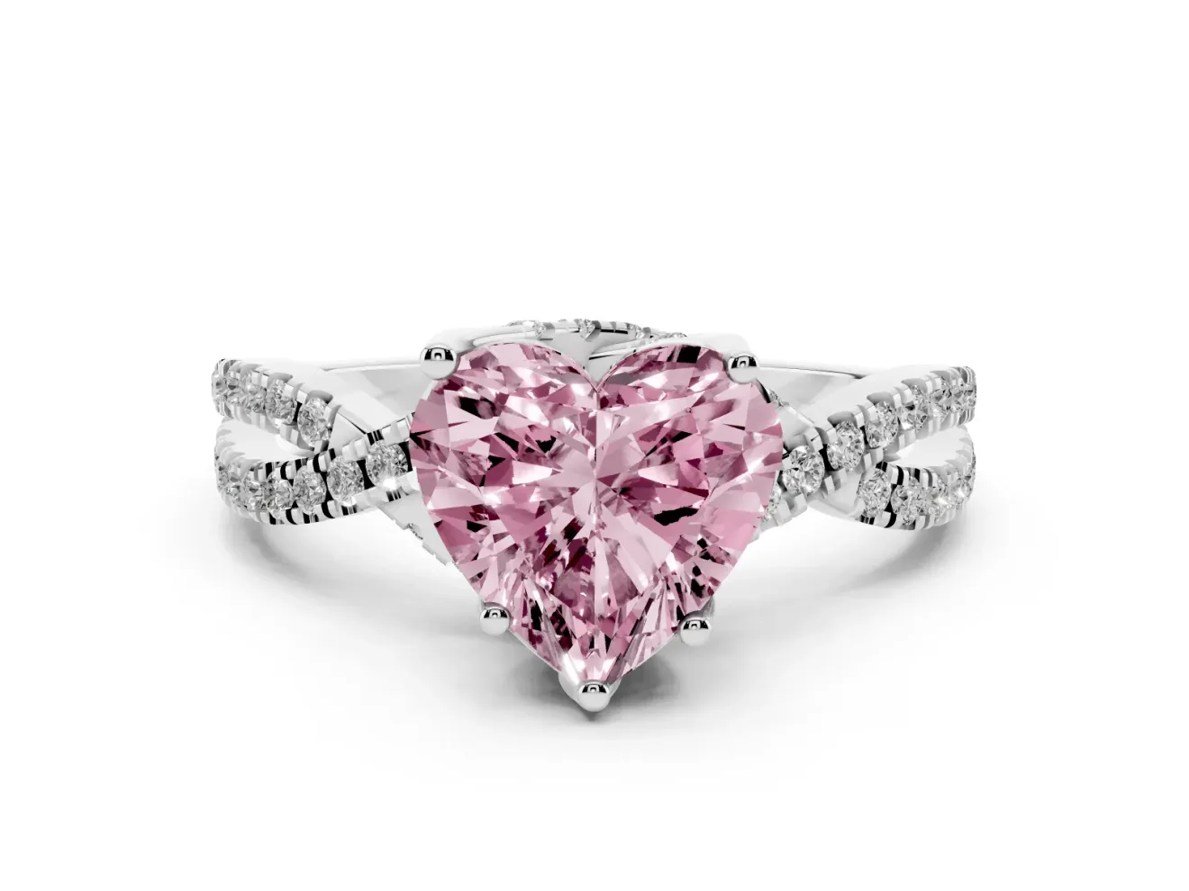 Heart-Shaped Twisted Pave Engagement Ring Setting for a Fancy Pink Lab-Grown Diamond | Split Shank | Sterling Silver