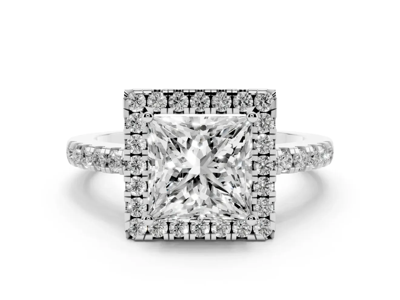 Princess Cut Halo Engagement Ring Setting | Shared Prong Pavé Band | Sterling Silver