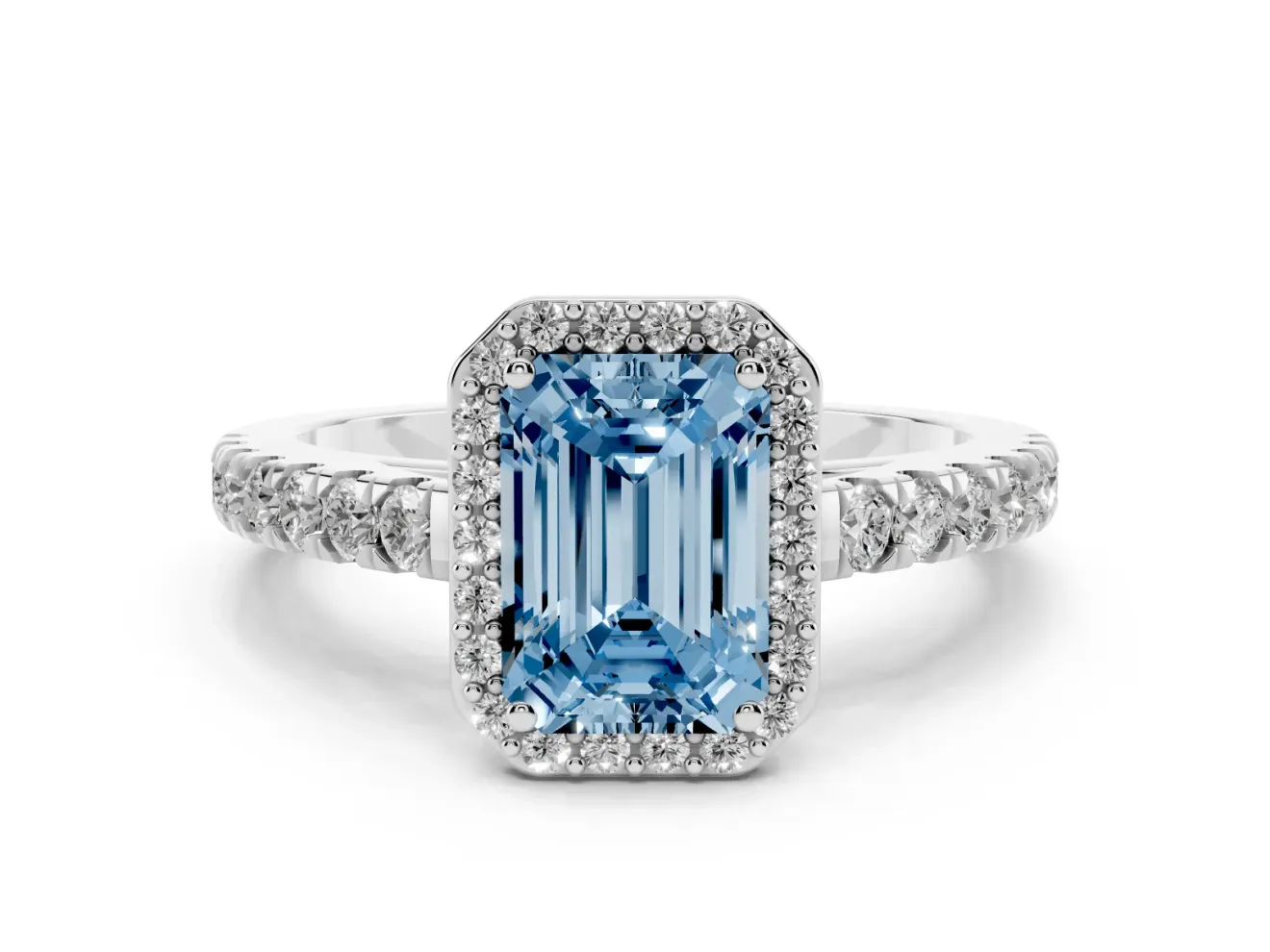 Fancy Blue Emerald Cut Diamond Halo Engagement Ring Set in Platinum with Pavé Band and Prong Setting
