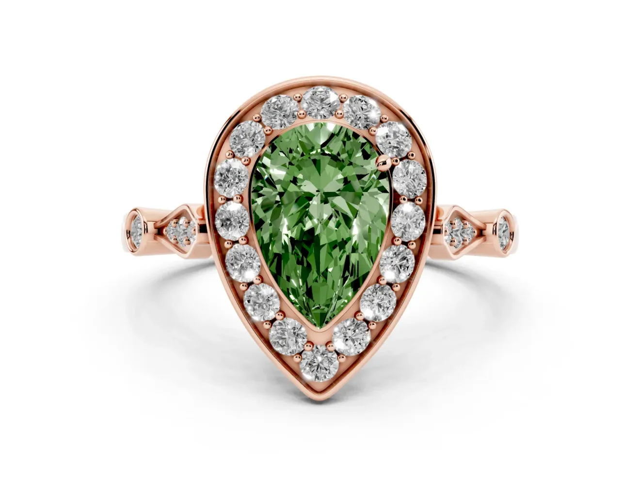 Pear-Shaped Halo Engagement Ring Setting for a Fancy Green Lab-Grown Diamond | Bezel Station Shoulders | Rose Gold
